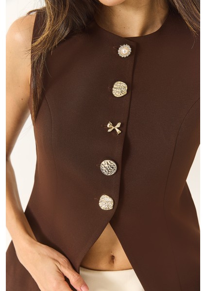 Kadın Regular Bisilet Yaka Gold Düğme Detaylı Astarlı Dokuma Yelek fırsatları