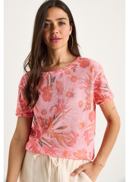 Kadın Bisiklet Yaka Desenli Dijital Baskılı Regular Yazlık Örme T-Shirt