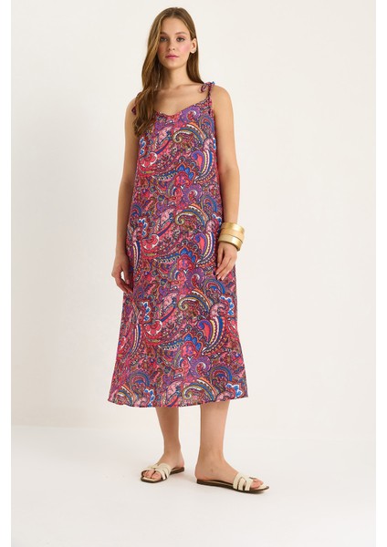 Kadın Bağlama Askılı V Yaka Cep Detaylı Desenli Midi Elbise - fırsatları