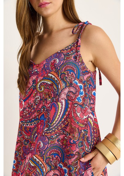 Kadın Bağlama Askılı V Yaka Cep Detaylı Desenli Midi Elbise - indirimleri