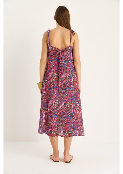 Kadın Bağlama Askılı V Yaka Cep Detaylı Desenli Midi Elbise -