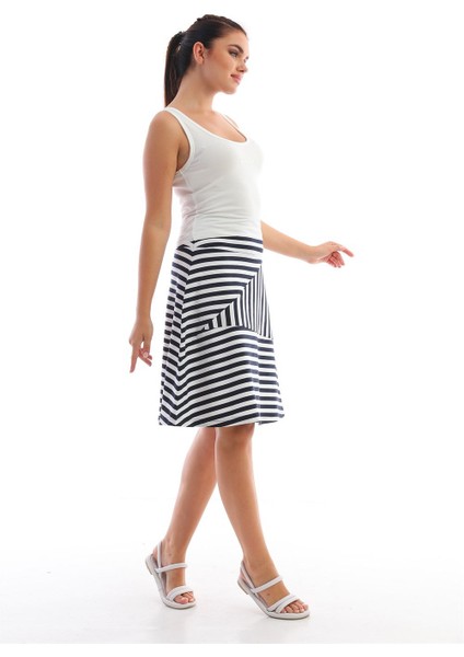 Çizgili Midi Etek Beyaz