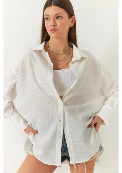 Kadın Düşük Omuz Oversize Basic Bürümcük Gömlek