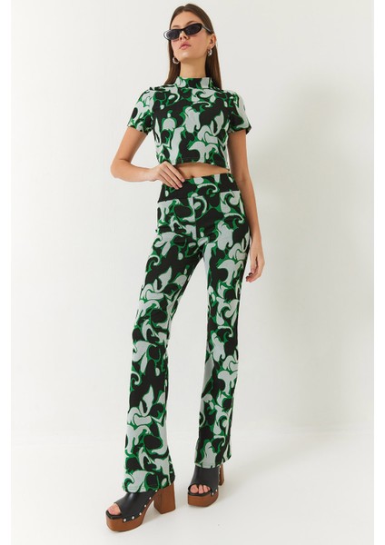 Kadın Yarım Balıkçı Yaka Kısa Kollu Crop Beli Lastikli Pantolonlu Alt-Üst Takım