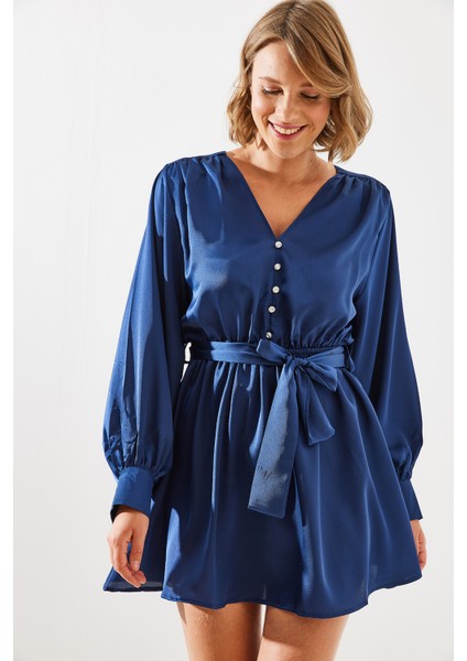 Kadın Kuşaklı Düğme Detaylı Saten Elbise Mbms fiyatları