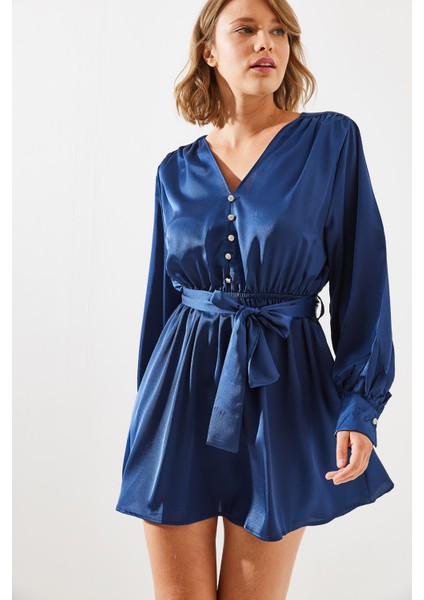 Kadın Kuşaklı Düğme Detaylı Saten Elbise Mbms modelleri