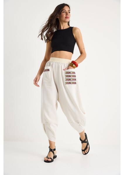 Kadın Cepleri Nakış Işlemeli Paça Detaylı Beli Lastikli Şalvar Pantolon fiyatları