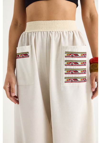 Kadın Cepleri Nakış Işlemeli Paça Detaylı Beli Lastikli Şalvar Pantolon fırsatları