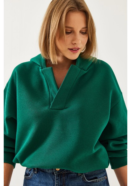 Kadın Kapişonlu V Yaka Sweatshirt