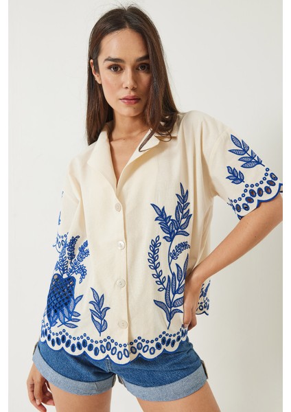 Kadın Ceket Yaka Ajurlu Kısa Kollu Nakışlı Keten Gömlek fiyatları