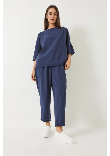 Kadın Kayık Yaka Yarım Kol Bluz Beli Lastikli Şalvar Pantolon Alt-Üst Takım