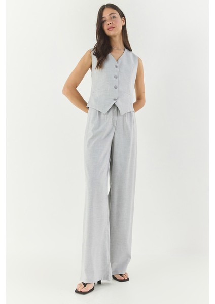 Kadın Klasik Kesim Yelek Yüksek Bel Pantolonlu Kumaş Alt-Üst Takım