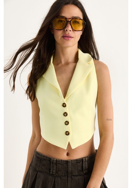 Kadın Şal Yaka Sırt Bağlama Detaylı Tasarım Yelek