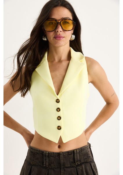 Kadın Şal Yaka Sırt Bağlama Detaylı Tasarım Yelek fiyatları