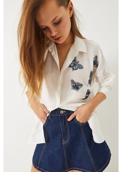 Kadın Kelebek Boncuk Taş Işlemeli Aerobin Oversize Gömlek