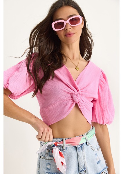 Kadın Balon Kollu Crop Müslin Bluz -
