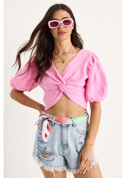 Kadın Balon Kollu Crop Müslin Bluz - fiyatları