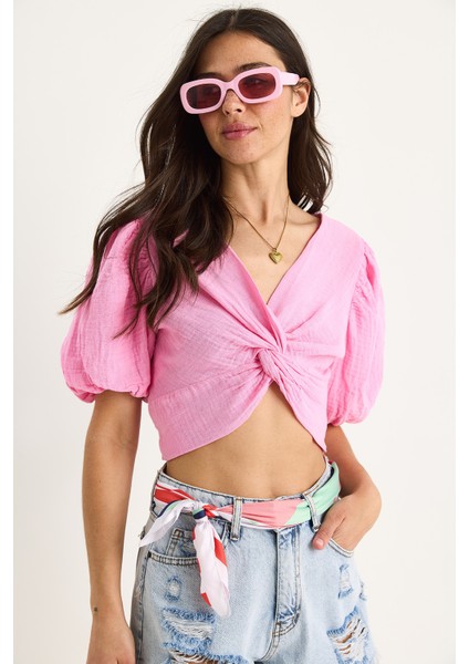 Kadın Balon Kollu Crop Müslin Bluz - modelleri