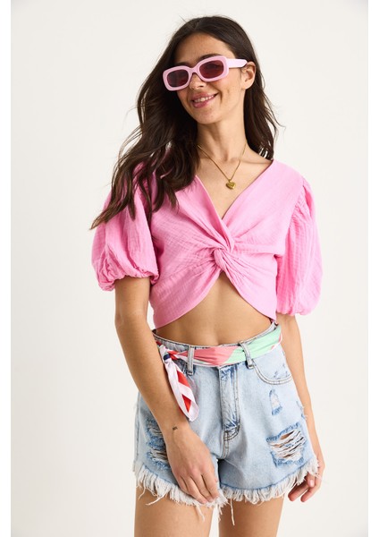 Kadın Balon Kollu Crop Müslin Bluz - fırsatları