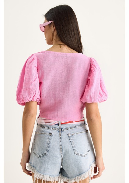 Kadın Balon Kollu Crop Müslin Bluz -