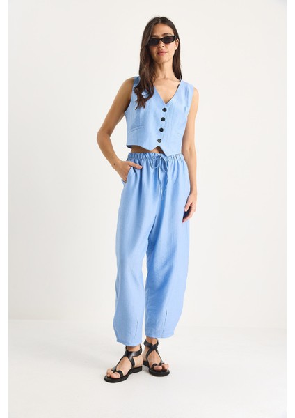 Kadın Cep Detaylı Rahat Pantolon Yelekli Alt-Üst Takım modelleri