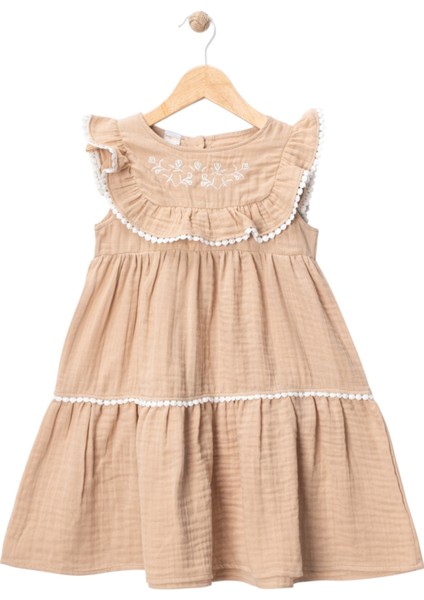 Robası Nakışlı Müslin Elbise Bej