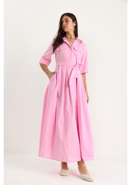 Kadın Pile Etekli Cep Detaylı Kuşaklı Poplin Midi Elbise fiyatları