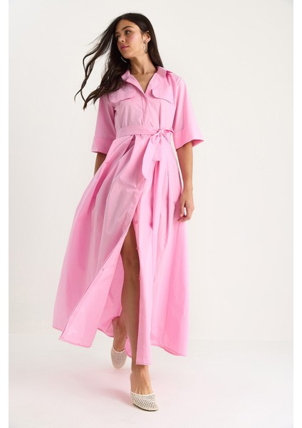 Kadın Pile Etekli Cep Detaylı Kuşaklı Poplin Midi Elbise modelleri