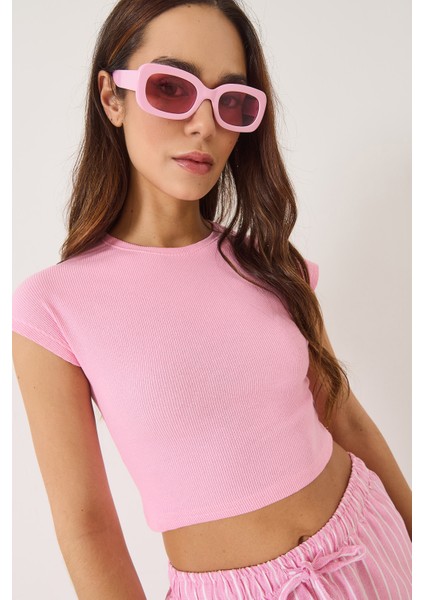 Kadın Bisiklet Yaka Kısa Kollu Basic Kaşkorse Crop Top T-Shirt