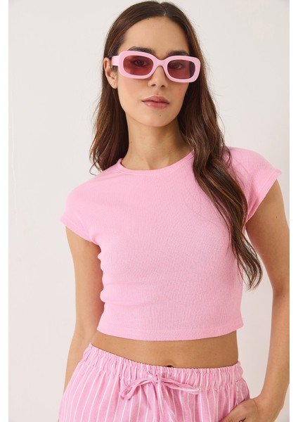 Kadın Bisiklet Yaka Kısa Kollu Basic Kaşkorse Crop Top T-Shirt fiyatları