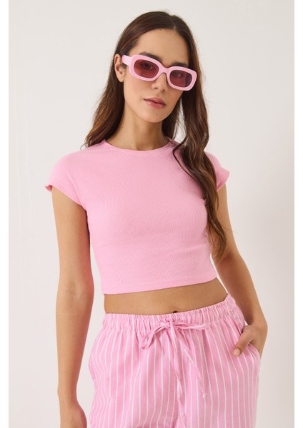 Kadın Bisiklet Yaka Kısa Kollu Basic Kaşkorse Crop Top T-Shirt modelleri