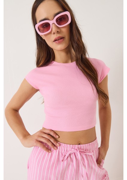 Kadın Bisiklet Yaka Kısa Kollu Basic Kaşkorse Crop Top T-Shirt fırsatları