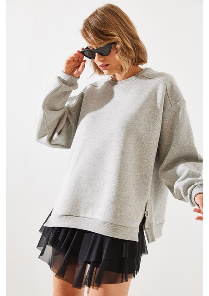 Kadın Bisiklet Yaka Şardonlu Fermuar Detaylı Basic Sweatshirt