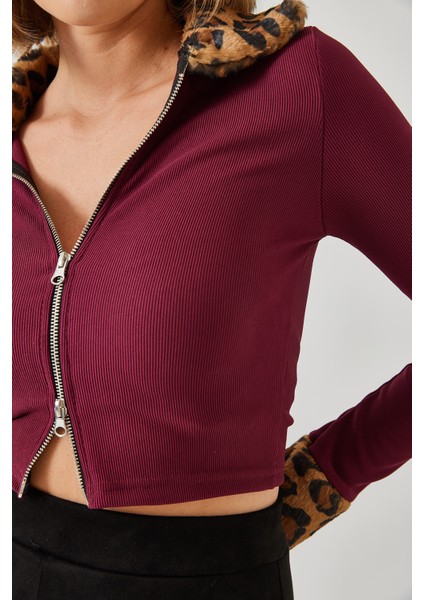 Kadın Leopar Peluşlu Fermuarlı Hırka