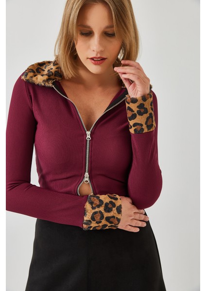Kadın Leopar Peluşlu Fermuarlı Hırka modelleri