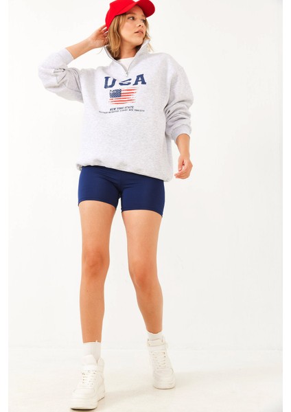 Kadın Arım Fermuarlı Usa Baskılı Dik Yaka Sweatshirt