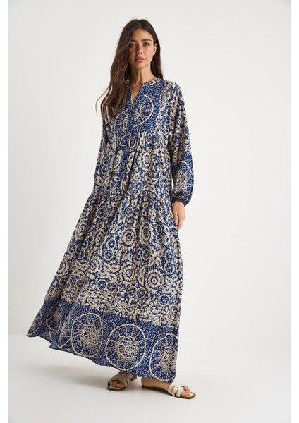 Kadın V Yaka Desenli Düğme Detaylı Maxi Viskon Elbise fiyatları