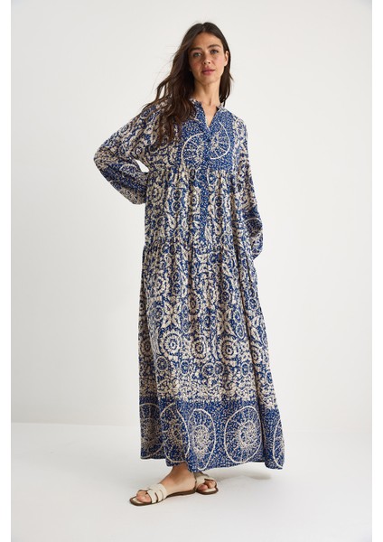 Kadın V Yaka Desenli Düğme Detaylı Maxi Viskon Elbise modelleri