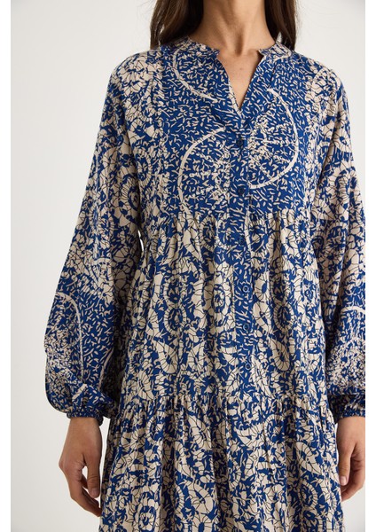 Kadın V Yaka Desenli Düğme Detaylı Maxi Viskon Elbise indirimleri