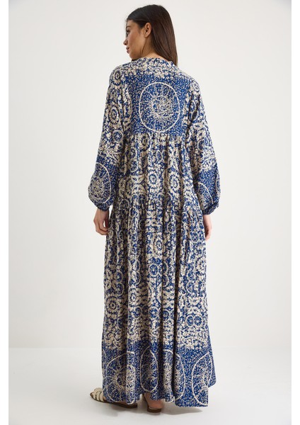 Kadın V Yaka Desenli Düğme Detaylı Maxi Viskon Elbise