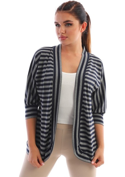 Çizgili Kadın Hırka Gri-Lacivert