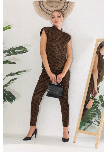 Kahverengi Vatkalı Jakar Desenli Ikili Kadın Takım fiyatları