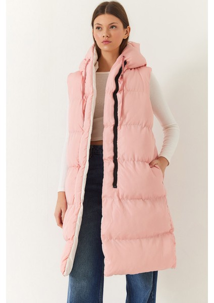 Kadın Çift Taraflı Uzun Kapişonlu Kolsuz Şişme Yelek