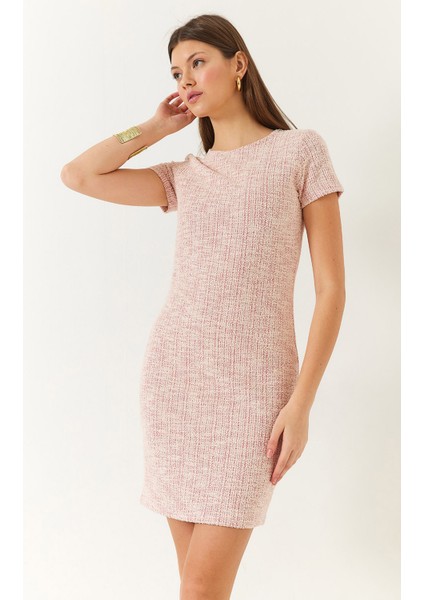 Kadın Bisiklet Yaka Kısa Kollu Mini Tüvit Elbise