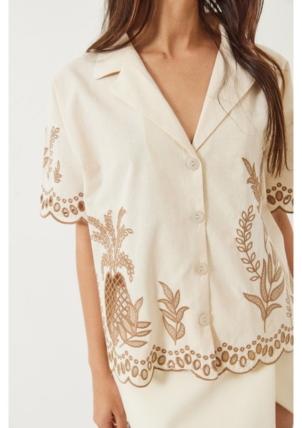 Kadın Ceket Yaka Ajurlu Kısa Kollu Nakışlı Keten Gömlek fiyatları