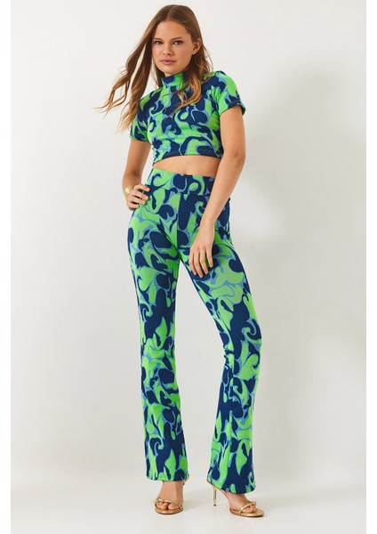 Kadın Yarım Balıkçı Yaka Kısa Kollu Crop Beli Lastikli Pantolonlu Alt-Üst Takım
