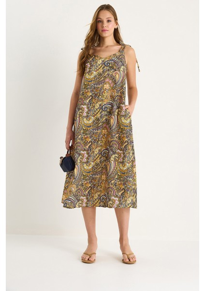 Kadın Bağlama Askılı V Yaka Cep Detaylı Desenli Midi Elbise - modelleri