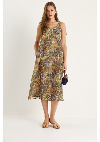 Kadın Bağlama Askılı V Yaka Cep Detaylı Desenli Midi Elbise - fırsatları