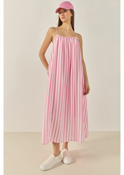 Kadın Büzgü Detaylı Ince Askılı Çizgili Astarlı Modal Salaş Elbise