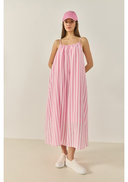 Kadın Büzgü Detaylı Ince Askılı Çizgili Astarlı Modal Salaş Elbise modelleri